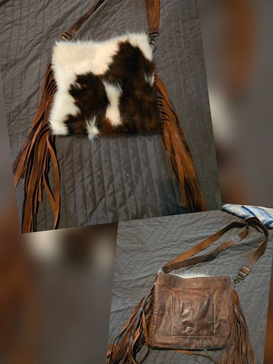 Handbags - Boho Fringe Crossbody Bag with Brown Leather and White-Brown Fur Panel